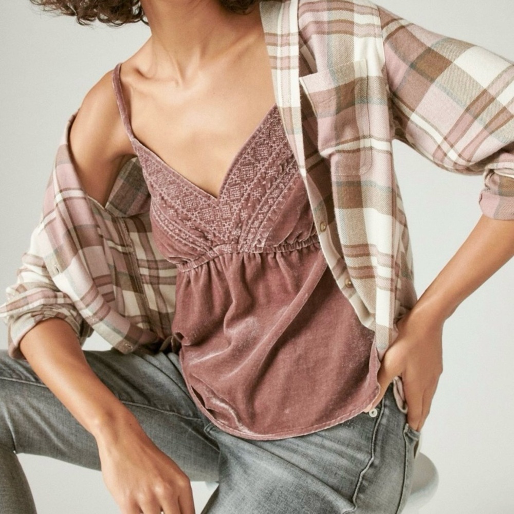 Lucky Brand Embroidered Velvet Cami L Rose Taupe NWT - Picture 10 of 11